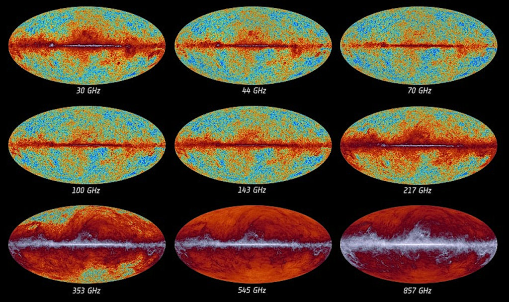 Big Bang radiation echo imaged at various frequencies by Planck satellite v4