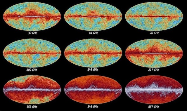Big Bang radiation echo imaged at various frequencies by Planck satellite